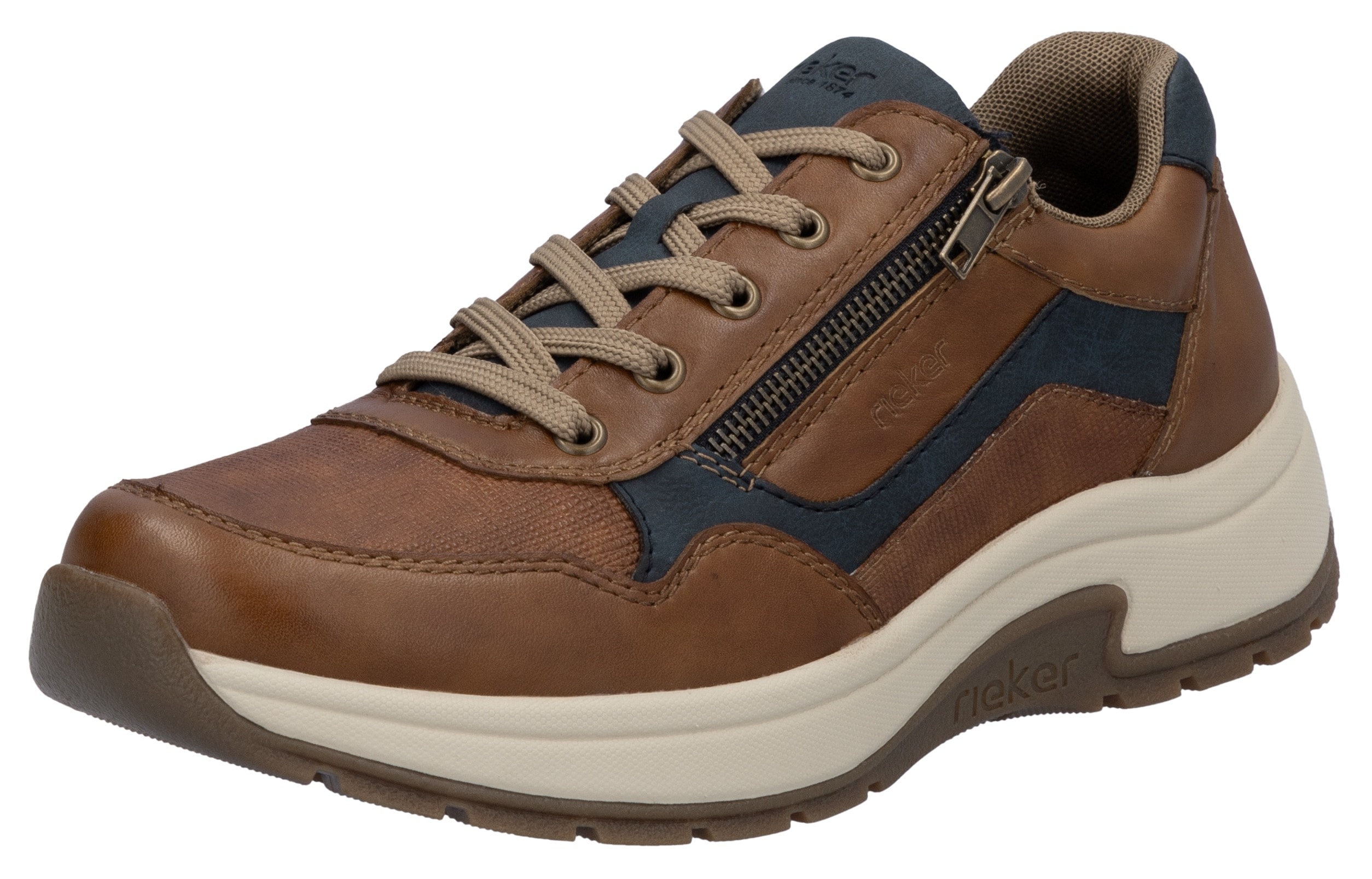 Sneaker RIEKER, Damen, Gr. 40, bunt (braun, dunkelblau), Leder, Lederimitat, Schuhe Sneaker, Halbschuh, Freizeitschuh, Schnürschuh in bequemer Form