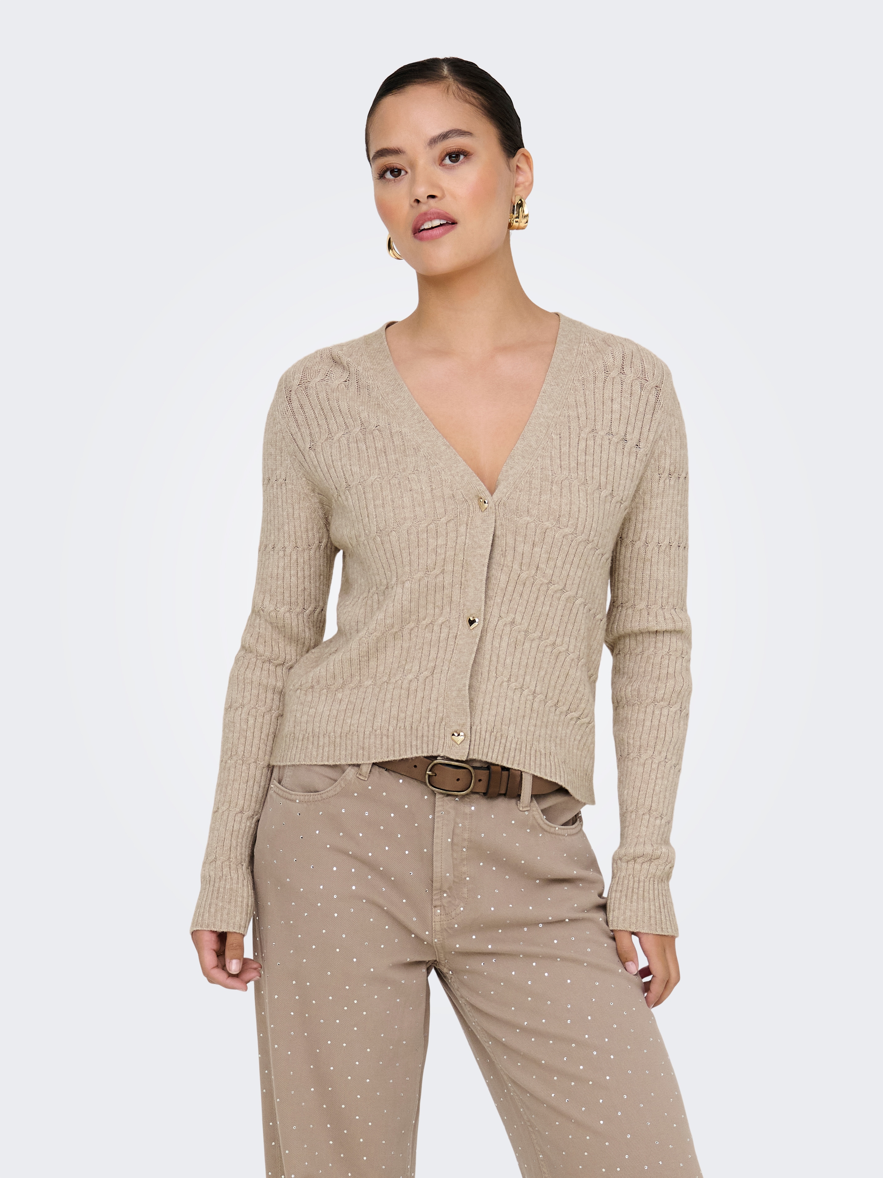Strickjacke ONLY "ONLKATIA LS CABLE V-NECK CARDIGAN CC KNT", Damen, Gr. XS, braun (mocha meringue detail:with melange), Strick, Obermaterial: 50% Viskose, 27% Nylon, 23% Polyester, meliert, figurbetont normal, V-Ausschnitt, Rippbündchen,...