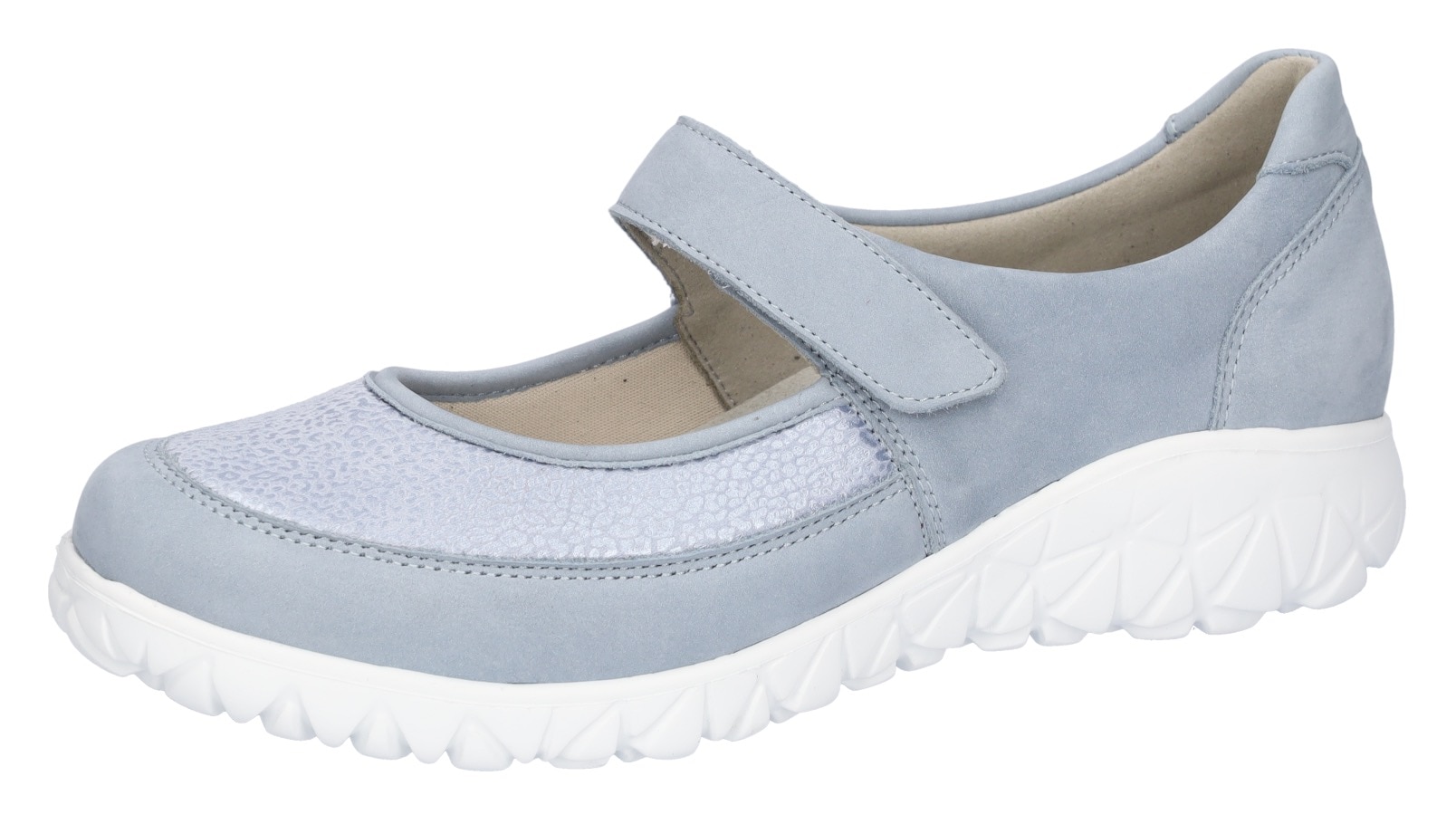 Riemchenballerina WALDLÄUFER "HAVY", Damen, Gr. 5,5 (38,5), blau (hellblau), Nubukleder, Textil, Schuhe Riemchenballerina, Komfortschuh, Orthotritt-Funktion, für Hallux Valgus, Weite H