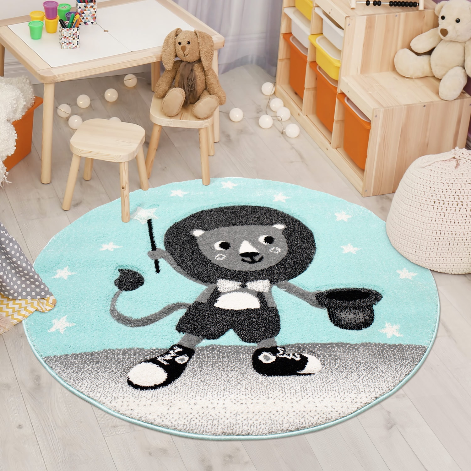 Kinderteppich CARPET CITY "Bueno Kids 9378", grün (mint), H:11mm Ø:120cm, Polypropylen (PP), Teppiche, Spielteppich, Löwe, Boot, 3D-Effekt, Weicher Flor, Pflegeleicht Image