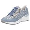 Sneaker RIEKER, Damen, Gr. 42, blau (hellblau), Lederimitat, metallic, sportlich, Schuhe Sneaker, mit Lettern bedruckt, Freizeitschuh, Halbschuh, Schnürschuh