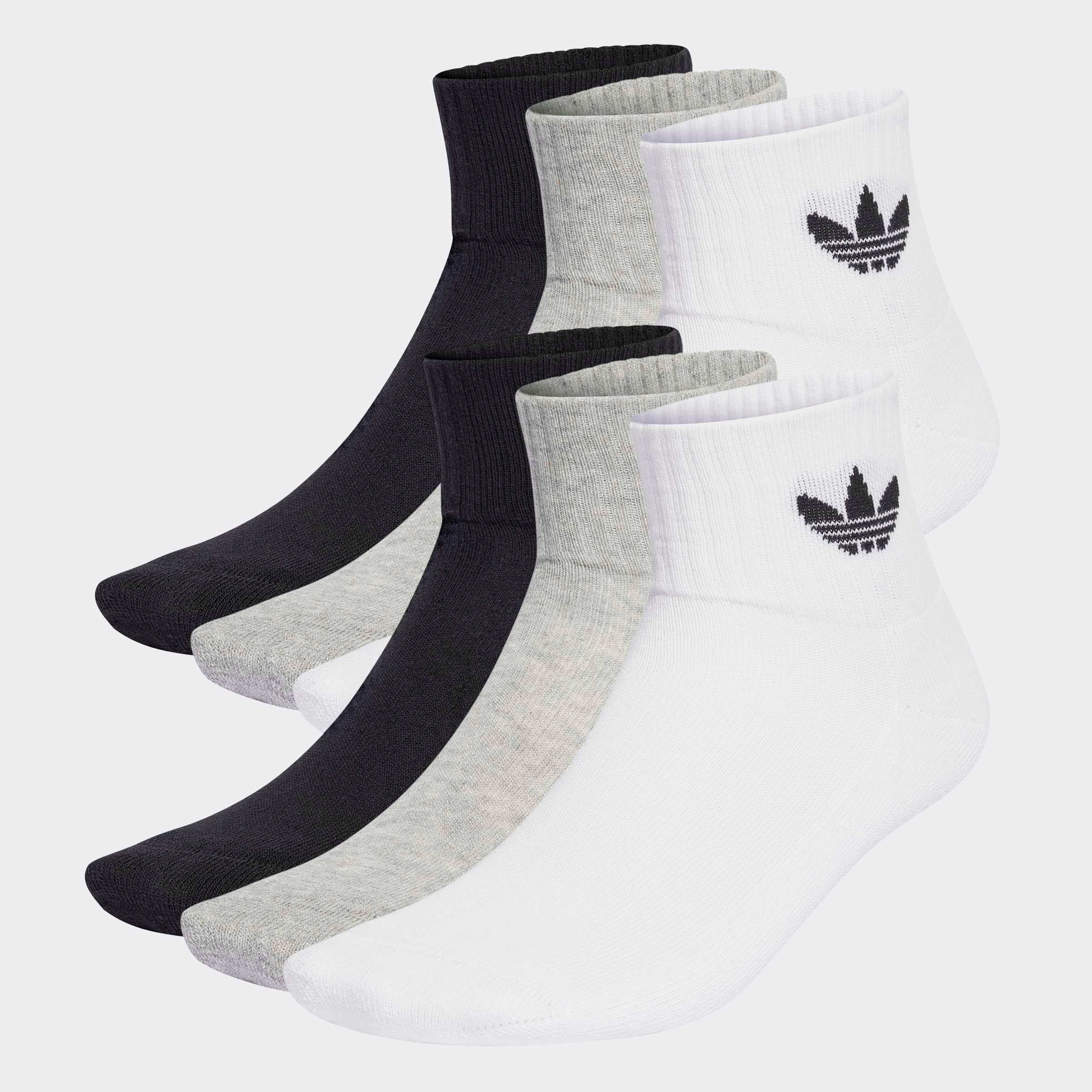 Sportsocken ADIDAS ORIGINALS "1/4 SOCKS 6P", Herren, Gr. M (40/42), schwarz-weiß (weiß, medium grau heather, schwarz), Obermaterial: 65% Baumwolle, 32% Polyester, 2% Elasthan, 1% sonstige Fasern, Socken Sportsocken, für Laufen, 6er-Pack, mit...