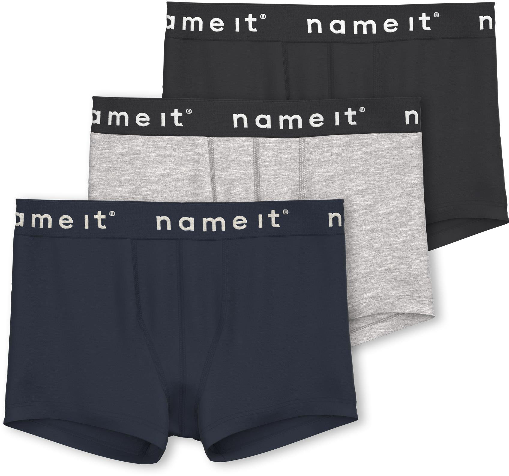 Boxer NAME IT "NKMBOXER für Jungen mit Stretchbund und bequemem Sitz", Baby, Gr. 122/128, schwarz, Jersey, Obermaterial: 95% Baumwolle, 5% Elasthan, unifarben, eng, Unterhosen, eng, Jersey, Logoschriftzug, angesetztes Bündchen Image