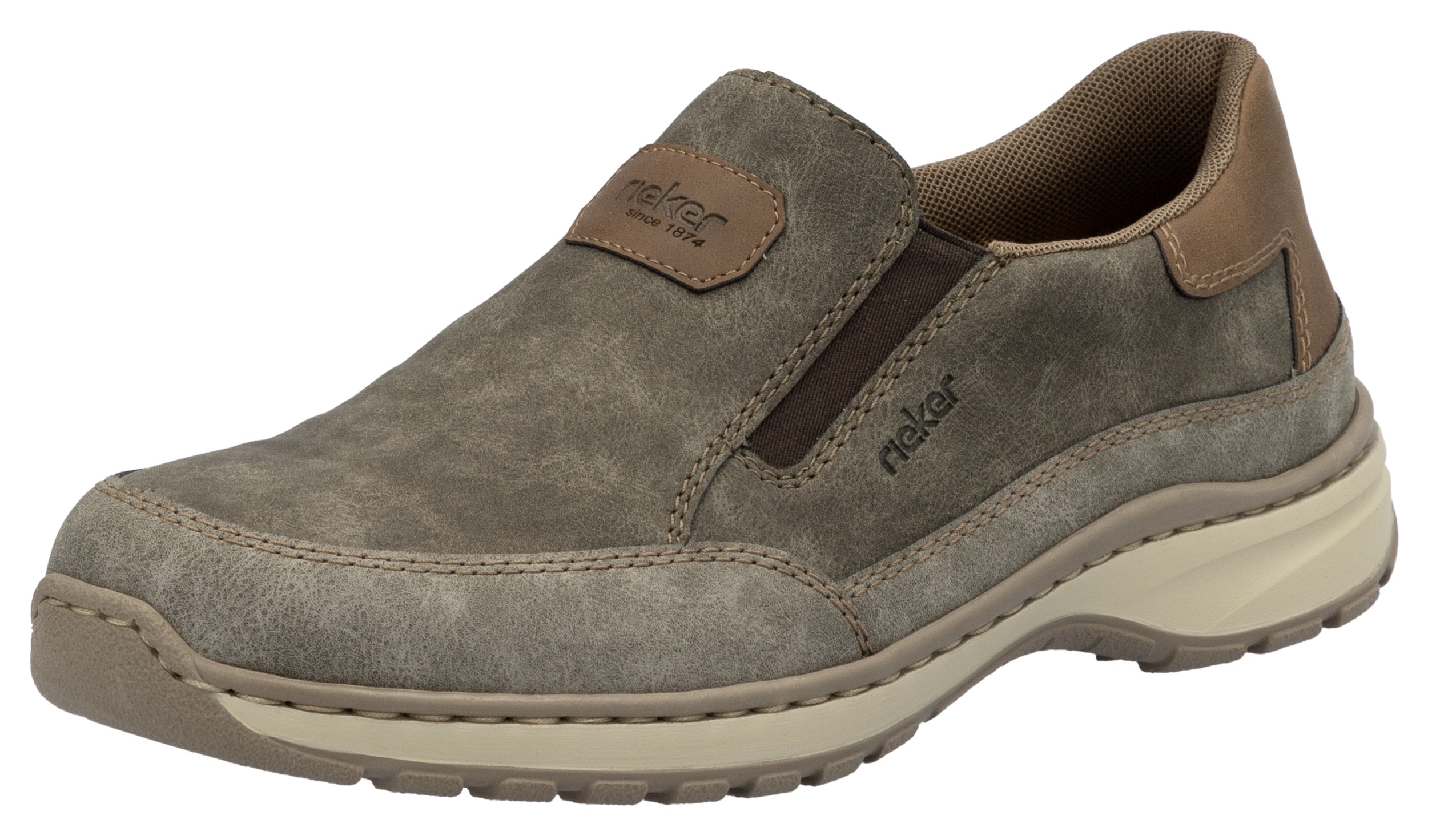 Slipper RIEKER, Herren, Gr. 41, grau (taupe, braun), Lederimitat, Basic, Schuhe, Slip-on-Sneaker, Freizeitschuh, Halbschuh mit Gummizug