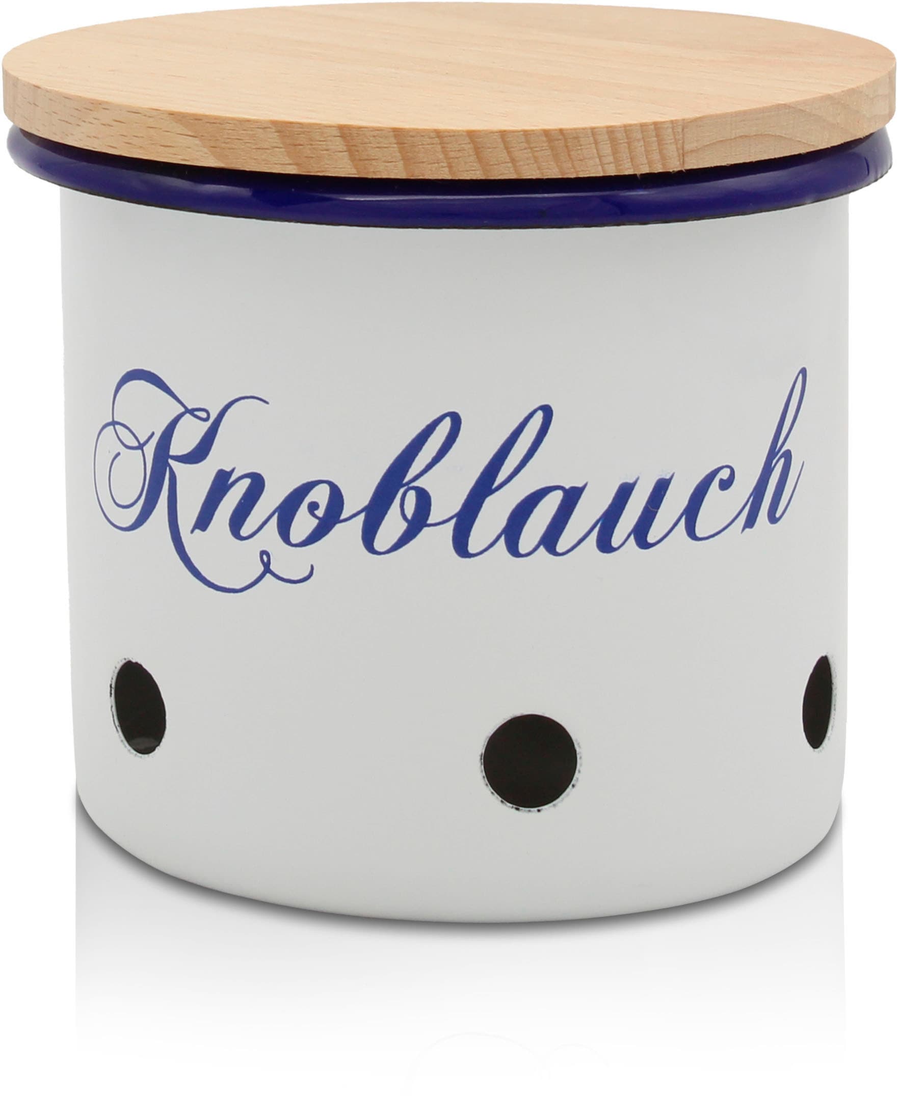 Vorratsdose KRÜGER "Emaille Vorratsdose Husum für Knoblauch mit Holzdeckel, 10 cm", blau (weiß, blau, natur), H:10,5cm, Lebensmittelaufbewahrungsbehälter, schnitt-/kratzfeste Oberfläche, Bakterienabweisend, extrem langlebig Image