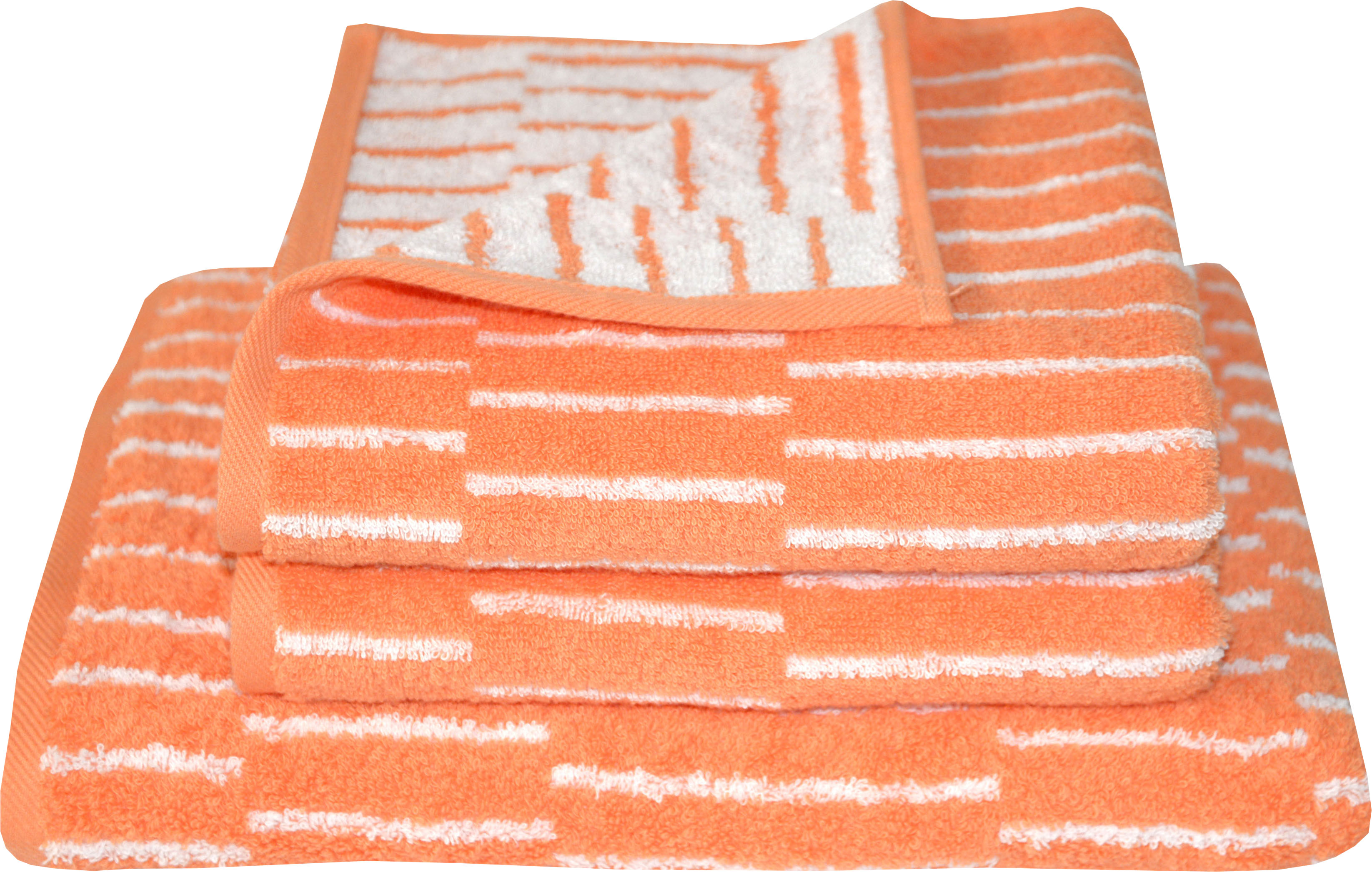 Handtuch Set DYCKHOFF "New Coral Panels", orange (koralle), 3 Stk., Walkfrottier, Walkfrottier, Obermaterial: 100% Baumwolle, Handtuch-Sets, 2 Handtücher (50x100 cm) und 1 Badetuch (70x140 cm)