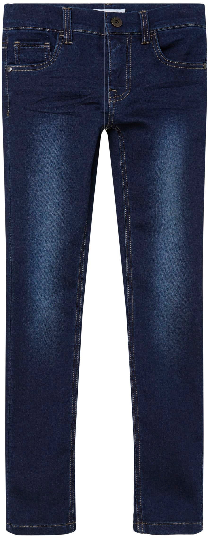 Stretch-Jeans NAME IT "NKMTHEO DNMTHAYER COR1 SWE PANT", Jungen, Gr. 110, N-Gr, blau (dunkelblau denim), Denim/Jeans, Obermaterial: 70% Baumwolle, 27% Polyester, 3% Elasthan, Abriebeffekte, Casual, slim fit normal, Jeans 5-Pocket-Jeans Image