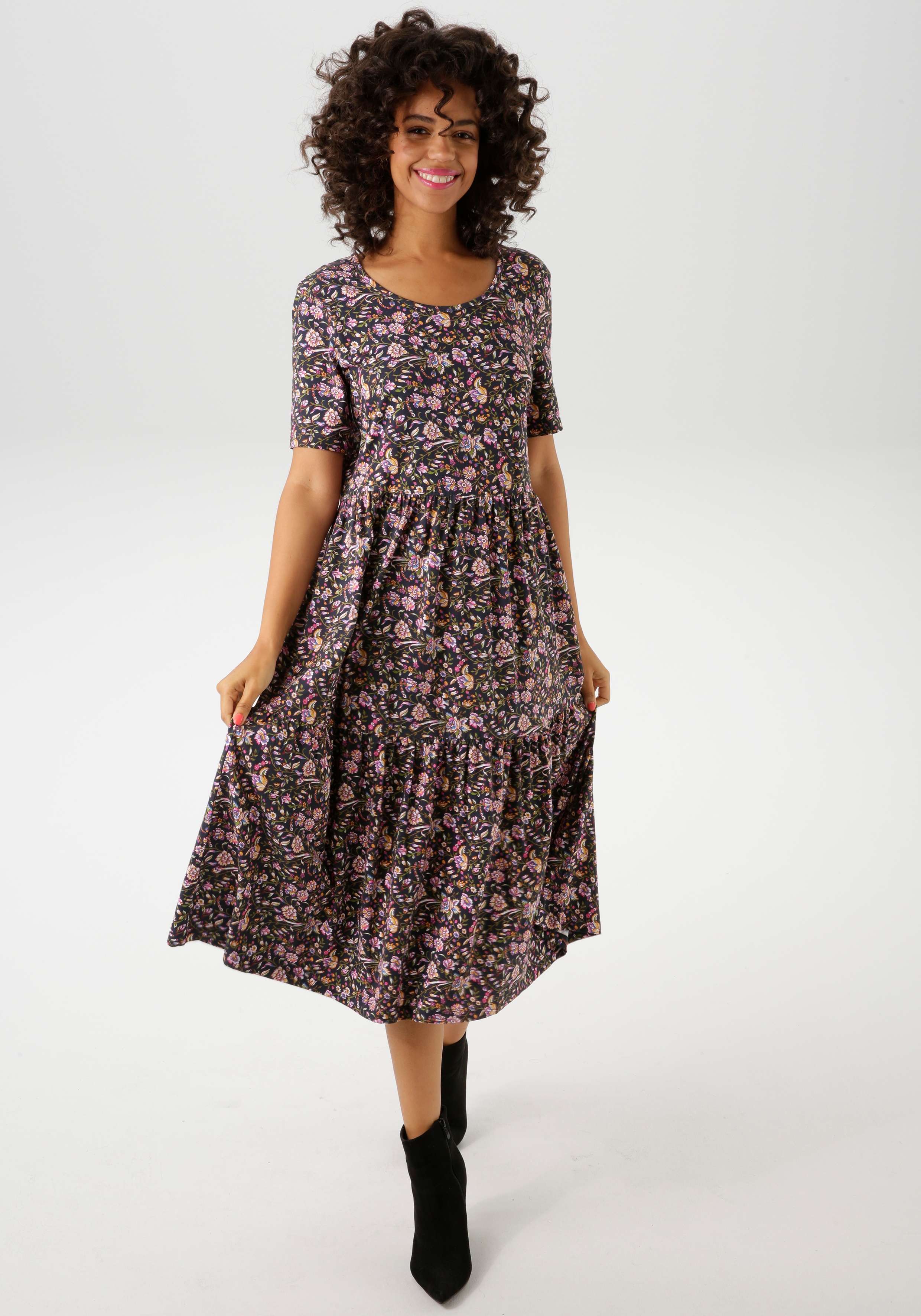 Sommerkleid ANISTON CASUAL, Damen, Gr. 42, N-Gr, rot (marine, maismoosgrün, weiß, rosa, pink, blau, bordeaux, braun), Single Jersey, Obermaterial: 95% Baumwolle, 5% Elasthan, bedruckt, geblümt, figurumspielend wadenlang, Rundhals, Kleider, mit... Image