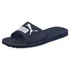 Badesandale PUMA "PURECAT", Gr. 44,5, blau (peacoat, weiß), Synthetik, sportlich, Schuhe Badelatschen Pantolette