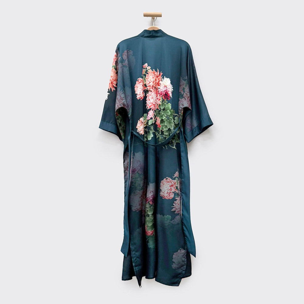 KIM+ONO Kimono Robe | Coral Chrysanthemum Long Kimono Robe | Polyester Charmeuse | Indigo | Long