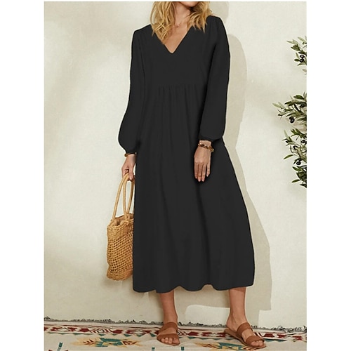Damen Midikleid Baumwoll Mischung Kaftan Kleid Freizeitkleid Elegant Stilvoll Basic Laternenärmel Täglich Urlaub Party Lässiger Schnitt Einfach Langarm V Ausschnitt Schwarz Orange Dunkelblau Aprikose Image