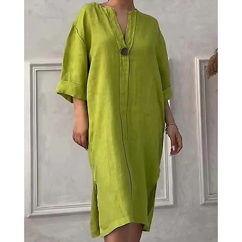 Damen Langes Kleid Maxikleid Kunstbaumwollleinen Hemdblusenkleid Freizeitkleid Stilvoll Lässig Täglich Urlaub Date Normale Passform Einfach Langarm V Ausschnitt Blau Schwarz Hellgrün Rosa Sommer Image