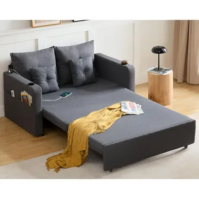 3 in 1 Convertible Sofa Bed, 56" Full Size Loveseat Sleeper Couch Beds with Storage Pocket, USB,