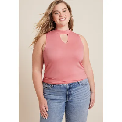 Maurices 1X Plus Size Women's Crepe Cut Out Mock Neck Tank Top Pink