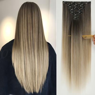 TEMU Clip In Hair Extensions Color 22 Inch Long Straight Hair Extension For Women Synthetic Hair Extensions Hairpieces 7pcs Image