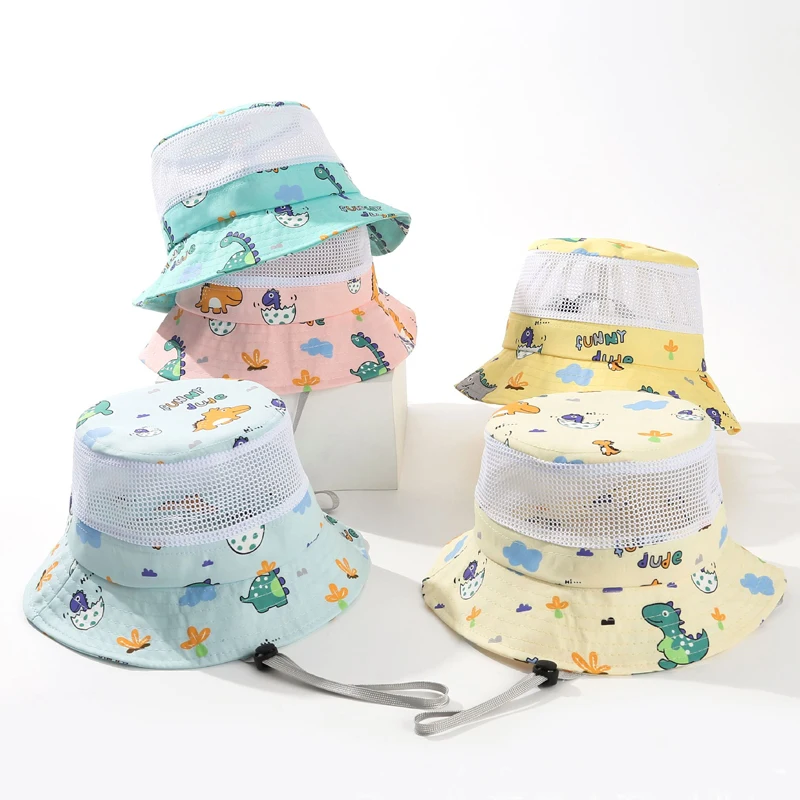 Neue Kinder Sommer Hut Mesh Cartoon Strand Kinder Sonnenhüte für Mädchen Jungen Dinosaurier Im Freien Reise Kind Kappe Kinder Eimer Hüte 3-8Y Image