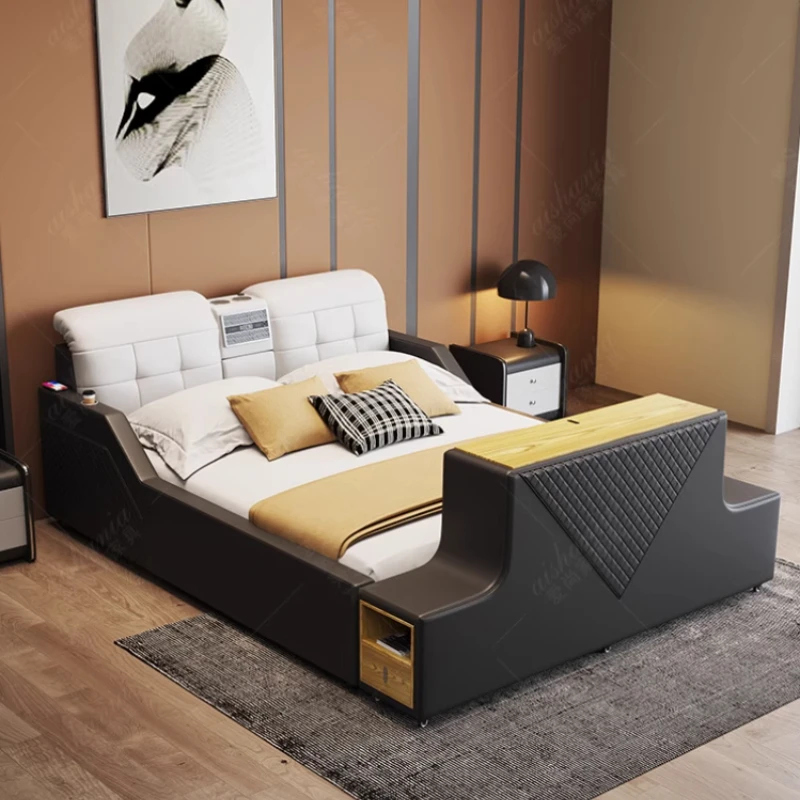 Ultimative Bettrahmen, echtes Leder, multifunktionales Bett mit Massage-Rückenlehne, Bluetooth-Lautsprecher, intelligenter Hebe-TV-Schrank