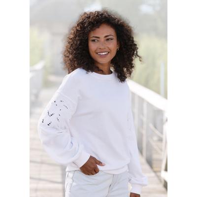Sweatshirt VIVANCE, Damen, Gr. 32/34, weiß, Sweatware, Obermaterial: 60% Baumwolle, 40% Polyester, unifarben, modisch, figurumspielend hüftlang, Rundhals, Langarm Rippbündchen, Sweatshirts, mit Lochstickerei, weicher Baumwoll-Mix Image
