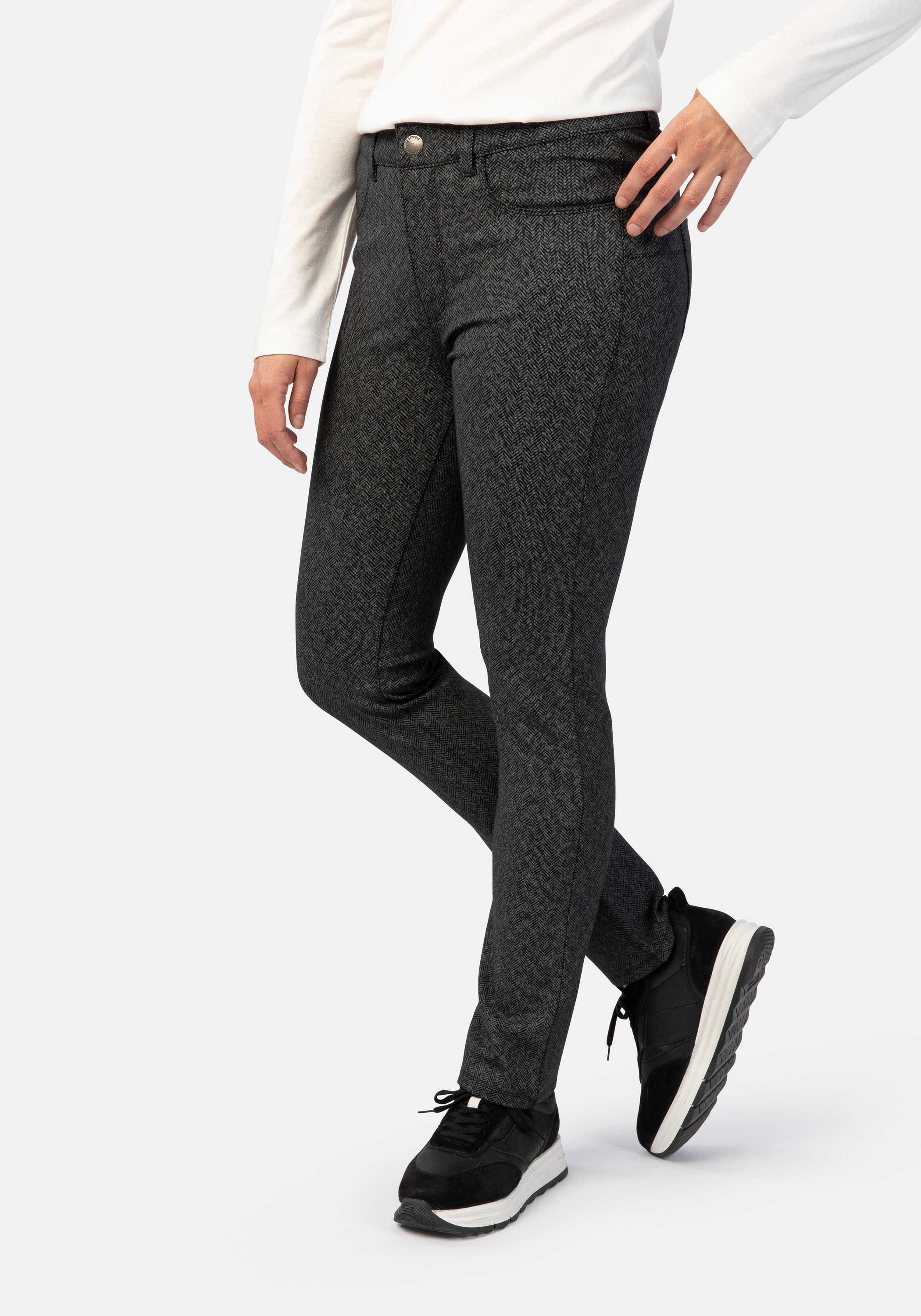 5-Pocket-Hose STOOKER WOMEN "Milano Jersey Print Magic Shape Fit", Damen, Gr. 40, Länge 28, grau (graphic minimal), Twill, 67% Viskose, 27% Polyamid, 6% Elasthan, schmal lang, Hosen 5-Pocket-Hose, Casual Printed, Bedruckt Magic Shape Effekt für Damen