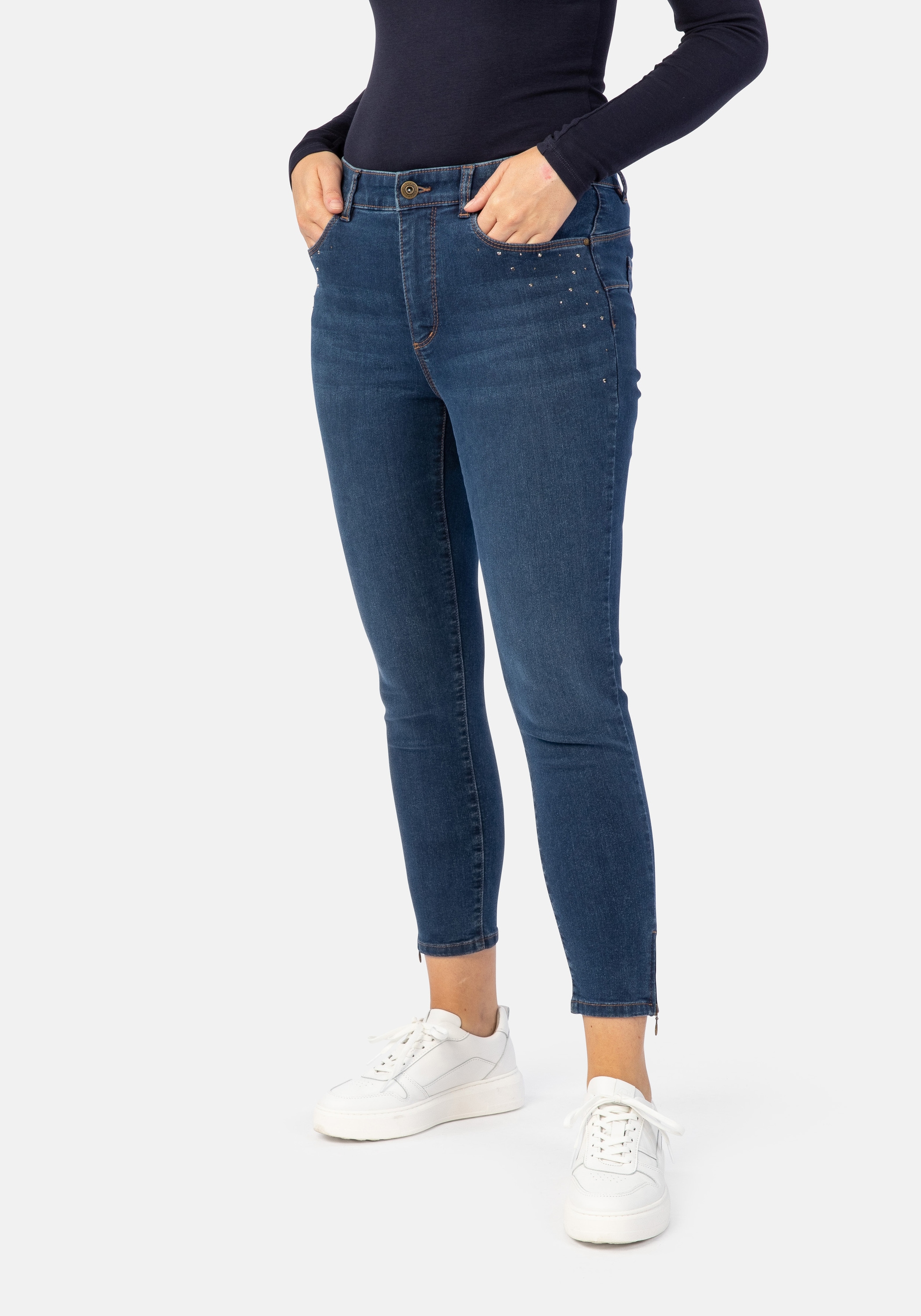 5-Pocket-Jeans STOOKER WOMEN "Rio Denim Strass Skinny Fit", Damen, Gr. 48, Länge 26, blau (medium blau), Denim/Jeans, 82% Baumwolle, 17% Polyester, 1% Elasthan, skinny fit 7/8-Länge, Jeans 5-Pocket-Jeans, Skinny Fit Casual Clean Wash Denim Jeans...