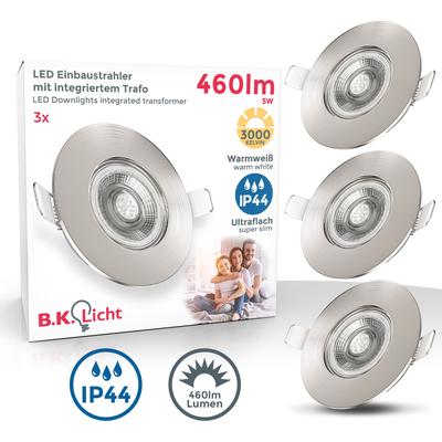 B.K.LICHT LED Einbauleuchte "3er Set Bad Einbaustrahler, IP44 geschützt, flache Einbauspots", grau, H:2,5cm Ø:9cm, Lampen, 3.000K, 480Lm, 4,9W, Kunststoff, 9 x 2,5 cm, Nickel, LED Einbaustrahler LED Deckeneinbaustrahler LED Badleuchte Image