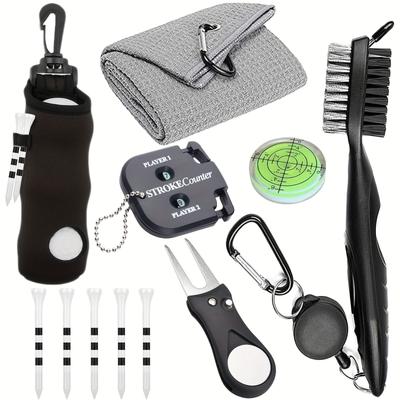 TEMU 7pcs Men's Golf Accessory Kit - Includes Tees, Towel, Ball Bag, Cleaning Brush, Level, & Tool - Polyester/nylon Blend, Gray, Golf Accessories