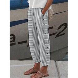 Femmes Pantalon en coton et lin Pantalons Fuselés Chinos Mode Streetwear Longueur complète Taille haute Rayé Avec Poches Ceinture Élastique Confortable Doux Micro-Élastique Extérieur Rue riz blanc