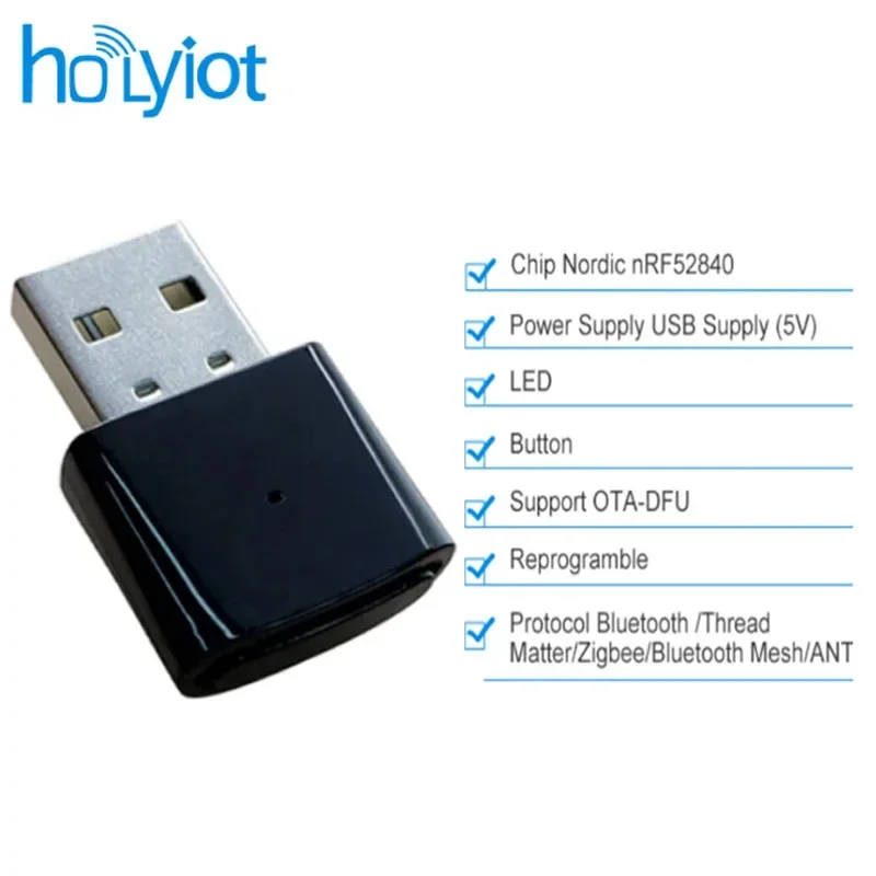 Holyiot nRF52840 USB-Dongle Bluetooth 5.0 Low Energy Programmierbarer Dongle-Adapter USB-Taste Hardware-Reset-Unterstützung DFU Image