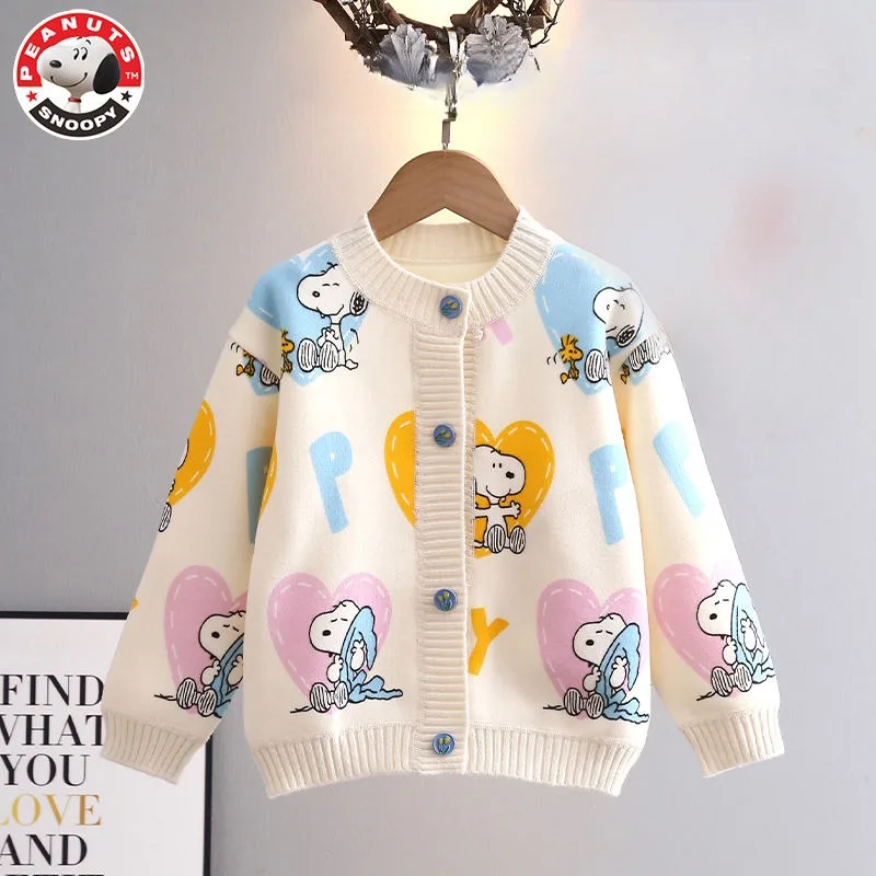 Peanuts Snoopy Frühling und Herbst langärmelige Cartoon-Liebes-bedruckte verdickte Strickjacke für Kinder, lässiges All-Match-Oberteil Image