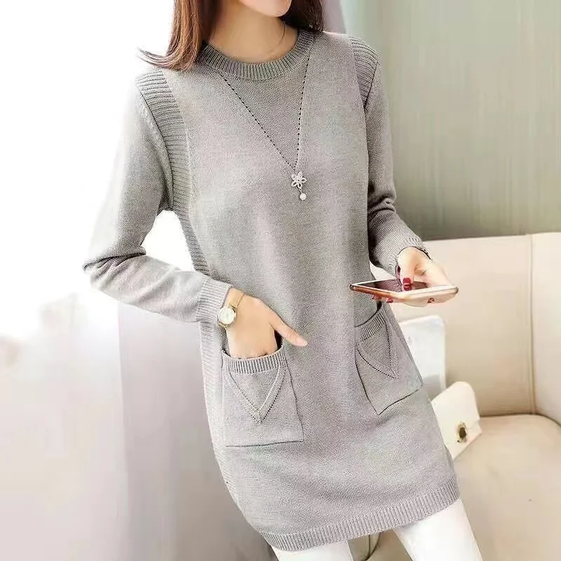 Maglione pullover da donna Nuovo maglione caldo a maniche lunghe autunno inverno O-collo Solido maglione medio-lungo di grandi dimensioni Top femminili