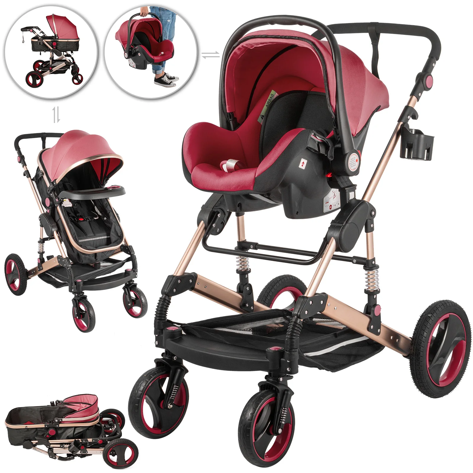 VEVOR 3 In 1 Anti Shock Kinderwagen und Faltbarer Kinderwagen Leichter Kinderwagen Multi Funktionen Kombikinderwagen(Rot)
