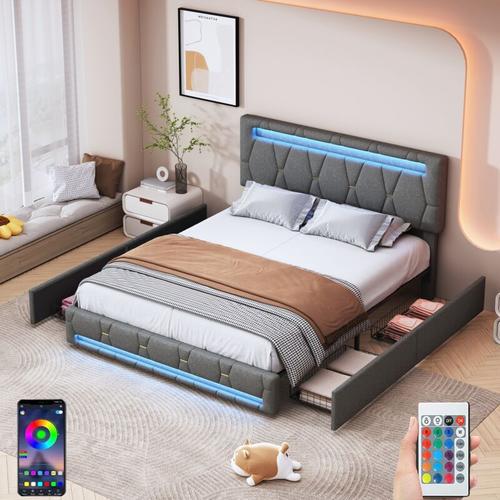 Doppelbett 140x200cm, mit LED-Beleuchtung, 4 Stauraumschubladen, höhenverstellbares Kopfteil,