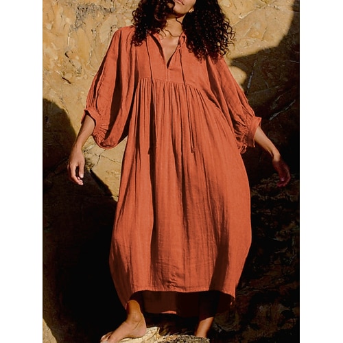 Damen Midikleid Kunstbaumwollleinen Kaftan Kleid Freizeitkleid Basic Lässig Täglich Urlaub Normale Passform Einfach Dreiviertelarm Rundhalsausschnitt Schwarz Dunkelgrün Orange Aprikose Sommer Image