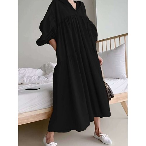 Damen Maxikleid Kunstbaumwollleinen Hemdblusenkleid Kaftan Kleid Basic Lässig Täglich Urlaub Normale Passform Einfach Langarm Mit Kapuze Schwarz Khaki Frühling Herbst Image