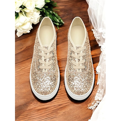 Goldene Glitzer-Sneaker für Damen zum Schnüren – funkelnde, lässige Low-Top-Schuhe für Hochzeitsfeiern, Reisen und den Alltag Image