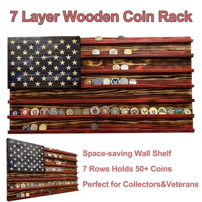 American Flag Coin Holder Wall Mounted Display Stand for Challenge Coins Collectibles 7 Rows Wooden