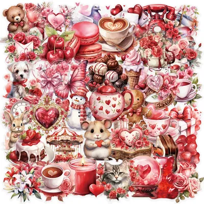 50pcs Red Confession Gift Stickers PET Cartoon Valentine's Day Decals Laptop Motorcycle Suitcase