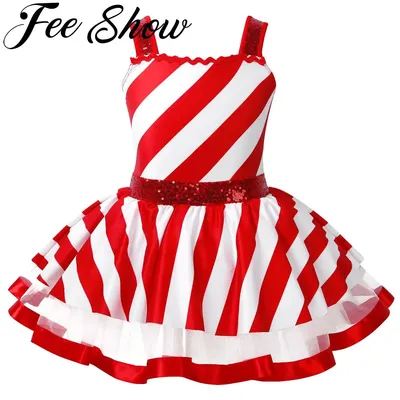 Kids Girls Christmas Dance Costume Striped Candy Cane Ballet Tutu Dress Figure Skating Gymnastic