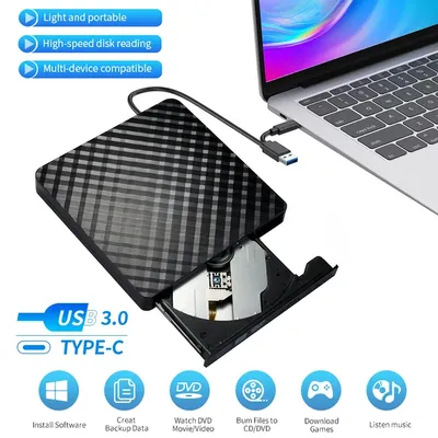 2 in 1 USB 3.0 Type C Slim External DVD Burner RW CD Optical Drives Writer Reader Player for Laptop