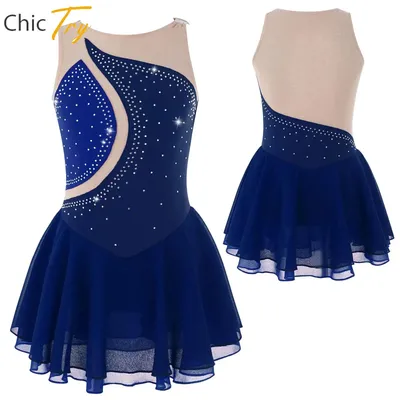 Figure Skating Dress for Kids Girls Performance Costumes Rhinestone Mesh Splice Ballet Dance Dresses