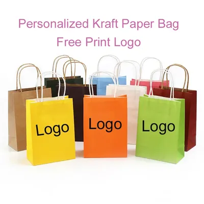 (100 pieces/lot) Customized Print Logo Kraft Paper Bag Recyclable Shopping Package Business Wedding