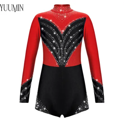 Kids Girls Ballet Figure Skating Dance Jumpsuit Long Sleeve Shiny Diamond Jumpsuit Gymnastic