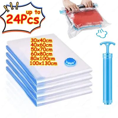 1-24Pcs Reusable Vacuum Storage Sealing Bags with Hand Pump Clear Folding Compressed Space Saving