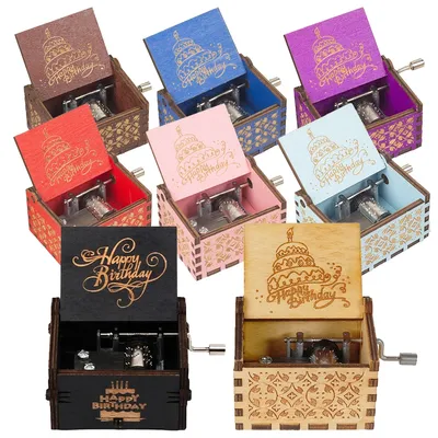 Wooden Hand Cranked Music Box, 18 Tone Music Box, Happy Birthday To You Theme, UV Painting, Birthday