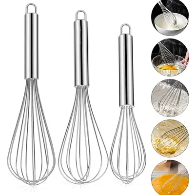 Premium Stainless Steel Manual Egg Beater with 6 Wire Whisks for Kitchen Balloon Whisking, Baking