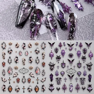 2pcs 5D Pink Purple Gothic Nail Art Stickers Vintage Skull Rose Cross Y2K Adhesive Nail Decals for