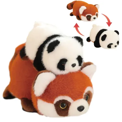 Cute Flippable Plush Panda to Raccoon Reversible Stuffed Animals Soft Doll Fluffy Red Panda Pillow Kids Baby Birthday Gift