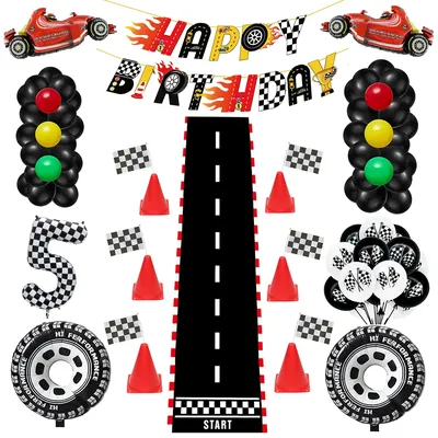 Checkered Race car party Banner wheel balloon black white checkered flag racetrack Racing themed