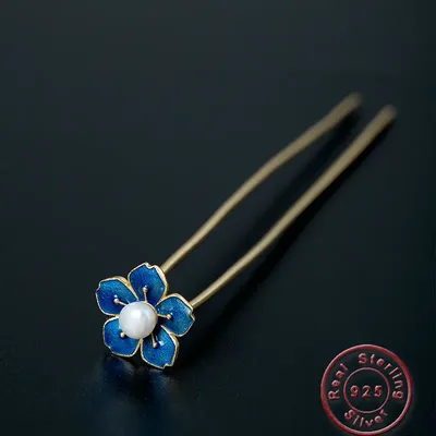 Amxiu Freshwater Pearl Hair Jewelry Blue Enamel 925 Sterling Silver Hair Sticks Gold Color Hairpins