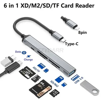 6 in 1 iPhone XD Card Reader to Lightning M2 Card Reader XD Picture Card Adapter for SD/Mouse/TF
